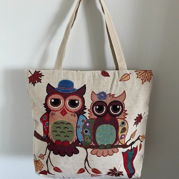 BNWOT CUTE TWO OWLS CANVAS TOTE WITH ZIPPER CLOSURE SUMMER PICNIC BEACH BAG - Picture 1 of 4